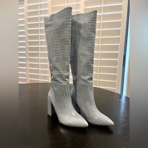 Lulu's Light Blue Gray Textured Knee-High Heeled Boots